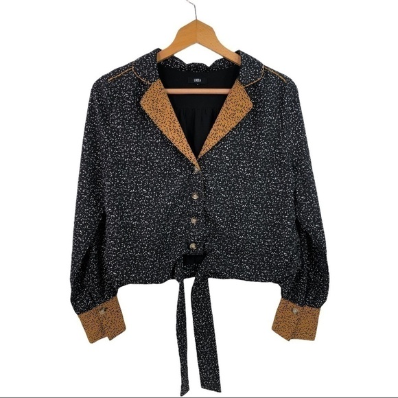 Lucca- Brown / Black Collared Front Button Blouse - Picture 2 of 9